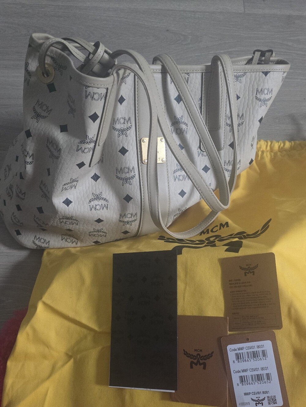 MCM White Logo-Print Leather Tote with Gold Plaque